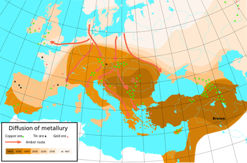 Wikipedia, Ausbreitung der Metallverarbeitung in Europa und Vorderasien, die dunkleren Areale sind die historisch älteren Regionen mit Metallherstellung