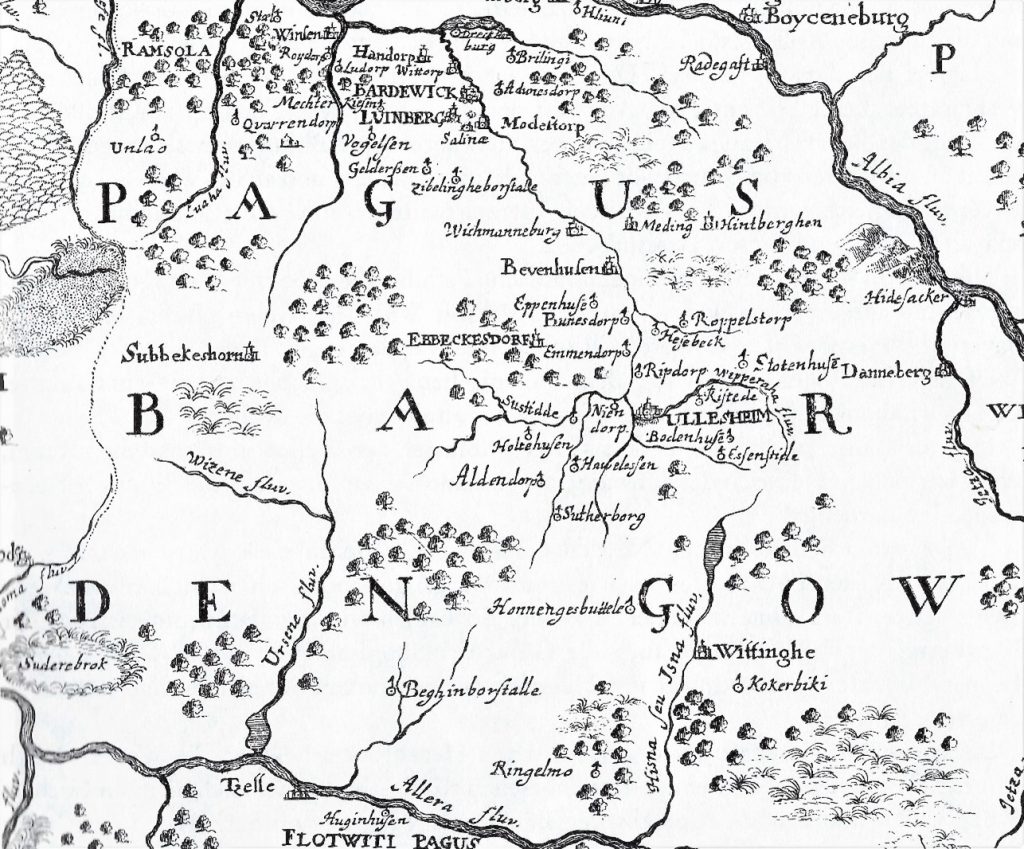 Der „ Pagus Bardengow“ mit Bardowick und Lüneburg in Cristian Schlöpke „Cronicon“ Kartenausschnitt Wikipedia