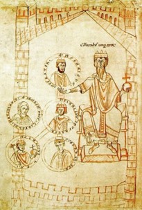 Wikipedia, umrahmt von Mauerzügen sitzt Konrad II. auf einem Thron. In der linken Hand hält er den Reichsapfel