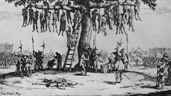 Bildessay: „Der Galgenbaum“, aus dem 18-teiligen Radierzyklus „Die großen Schrecken des Krieges“ (Les Grandes Misères de la Guerre (1632)). Die Radierung stammt aus einer Serie des lothringischen Zeichners und Kupferstechers Jacques Callot (1592–1635)