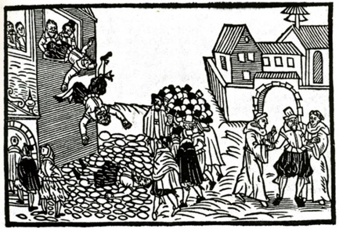 Der Prager Fenstersturz auf einem zeitgenössischen Flugblatt, 1618 Aus Peter Milger: Der Dreißigjährige Krieg. Gegen Land und Leute. Niedernhausen 2001, Autor/-in des Flugblatts ist unbekannt (gemeinfrei)