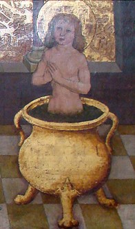 Das Martyrium des hl. Veit im Kessel mit siedendem Öl, Darstellung vom Veitsaltar (1514/17) der Veitskirche in Flein