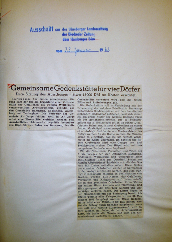 Zeitungsausschnitt aus der Lüneburger Landeszeitung (LZ) zur Errichtung einer Gedenkstätte