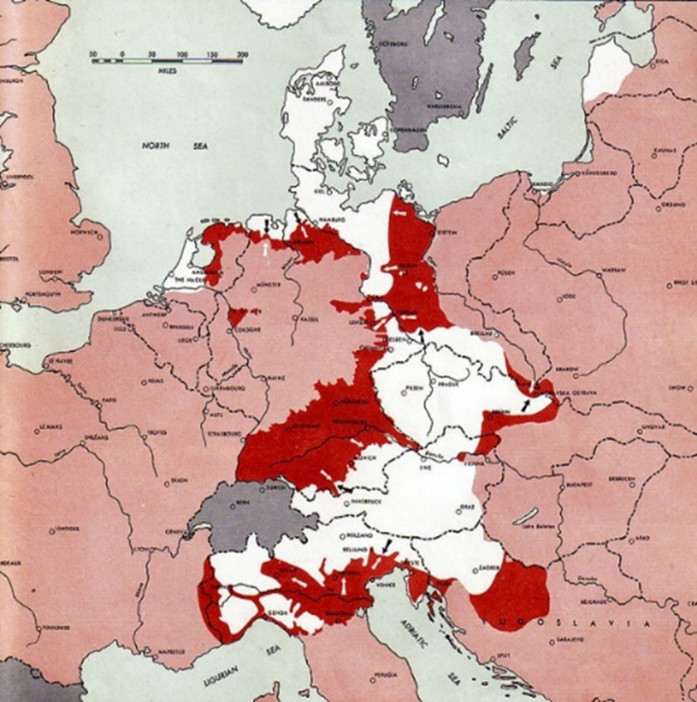 Frontverläufe 1945: Die Karte stammt aus dem „Atlas of the World Battle States War Department.