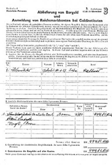 Formular von 1948, zur Ablieferung von Bargeld in Reichsmark.