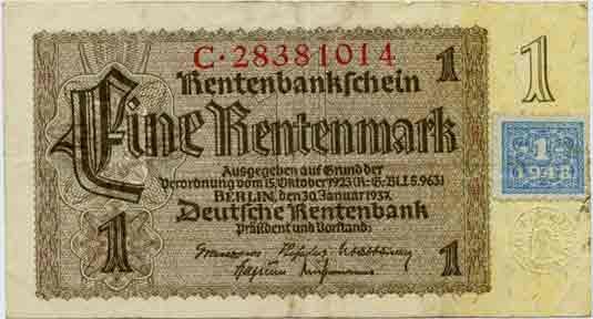 Mit einem Wertzeichen beklebte Rentenmark der Deutschen Rentenbank.