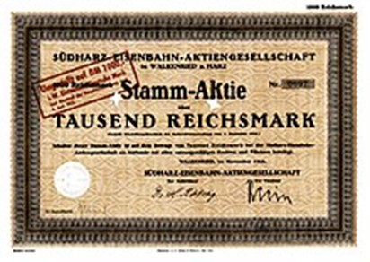 Aktie über 1000 RM der Südharz-Eisenbahn-AG vom November 1926, 1951 umgestellt auf 1000 DM.
