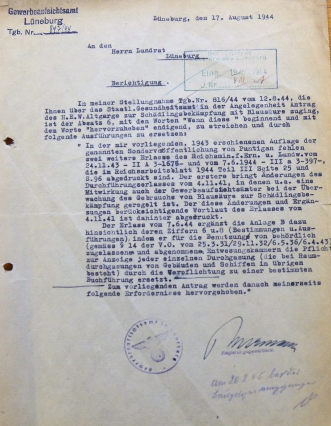 Schreiben, Erlass der staatlichen Gewerbeaufsichtsamt Lüneburg Mitwirkung zum Einsatz von Blausäure. Quelle Kreisarchiv