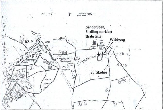 Lageplan des Findlings an der Sandgrube in der Nähe der Spitzkehre zwischen Alt Garge und Walmsburg. Quelle, John Hopp, „Die Hölle in der Idylle“, Seite 127