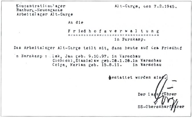 Schreiben an die Friedhofsverwaltung in Barskamp.