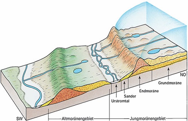 Modellzeichnung der Alt- und Jungmoräne sowie des Urstromtals mit Eisschild. Quelle, Ernst Klett Verlag Wikipedia