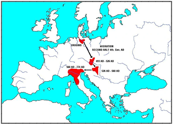 Karte aus Wikipedia, Migrationsroute der Langobarden