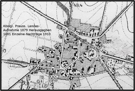 Lageplan von 1881 bzw.1910, gefunden im Kreisarchiv, Ödeme, überflüssige Angaben wurden retuschiert.