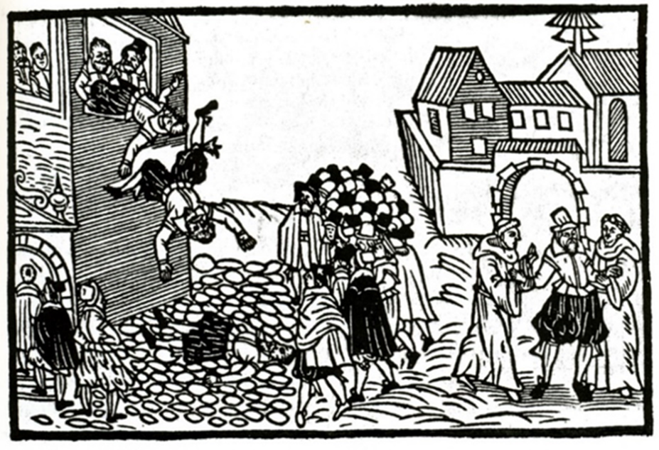 Wikipedia, Prager Fenstersturz auf einem zeitgenössischem Flugblatt von 1618 Autor ist unbekannt- Dieses Werk ist gemeinfrei, weil seine urheberrechtliche Schutzfrist abgelaufen ist.