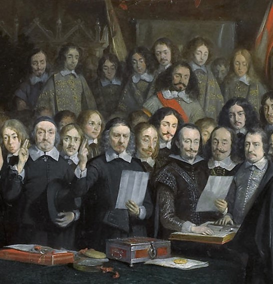 Wikipedia, "Der Friede von Münster“, Gerard ter Borch; Ausschnitt from the National Gallery, London. Presented by Sir Richard Wallace, 1871; Mit dem „Westfälischen Frieden“ endete der Dreißigjährige Krieg am 24. Oktober 1648. Der Urheber dieses Werks ist 1681 gestorben; es ist daher gemeinfrei, weil seine urheberrechtliche Schutzfrist abgelaufen ist.
