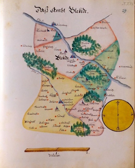 Amt Bleckede um 1600 im Ämteratlas des Fürstentums Lüneburg von Johannes Mellinger, Wikipedia, gemeinfrei