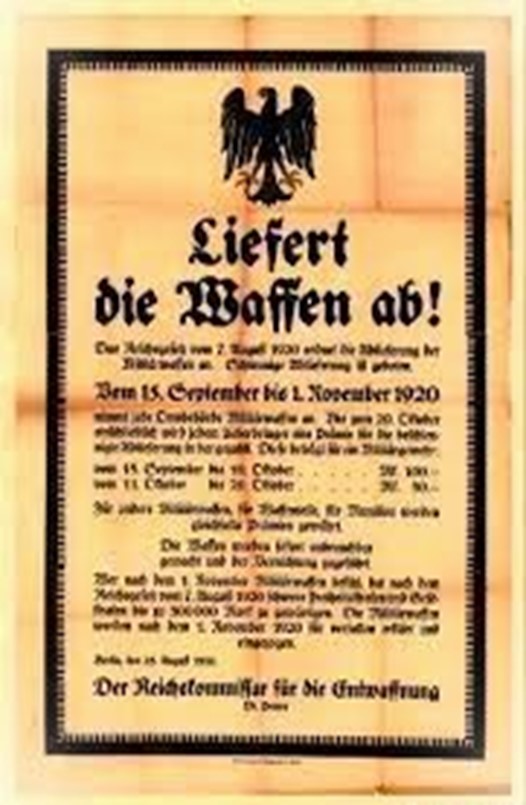Plakat nach dem 1. Weltkrieg, mit der Aufforderung die Waffen abzugeben. Der Reichskommissar für die Entwaffnung Dr. Peters, aus Landesarchiv Thüringen, Staatsarchiv Altenburg