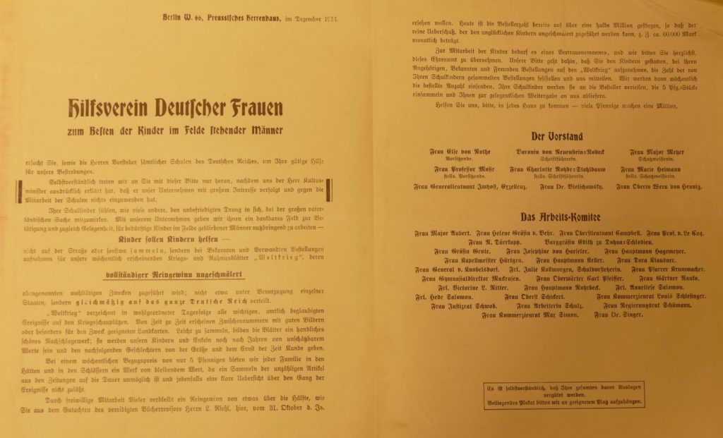 Stadtarchiv Bleckede, Plakat des Hilfsverein Deutscher Frauen. Auch Kinder werden in den 1. Weltkrieg einbezogen.