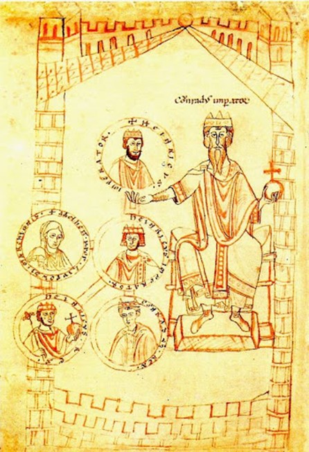 Umrahmt von Mauerzügen sitzt Konrad II. auf einem Thron. In der linken Hand hält er den Reichsapfel, in der rechten ein Medaillon mit dem Brustbild seines Sohnes und Nachfolgers Heinrich III. Darunter wird Heinrich IV. dargestellt und unter diesem dessen Kinder: die Söhne Konrad und Heinrich V sowie die Tochter Agnes (hier fälschlich als Adelheid bezeichnet). Staatsbibliothek Berlin, Stiftung Preußischer Kulturbesitz, Cod. lat. 295, fol. 81v (um 1130).