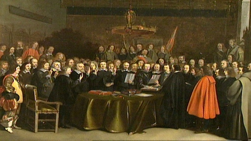 Augenblick der feierlichen Beeidigung des Vertragswerks am 15. Mai 1648 im Rathaus zu Münster, den Frieden von Münster. Das Gemälde, Öl auf Kupfer, stammt von Gerard ter Borch.