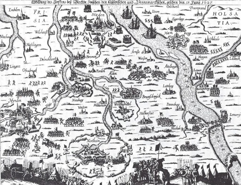 Zeitgenössische Darstellung einer Landkarte mit dem Gebiet um Lüneburg