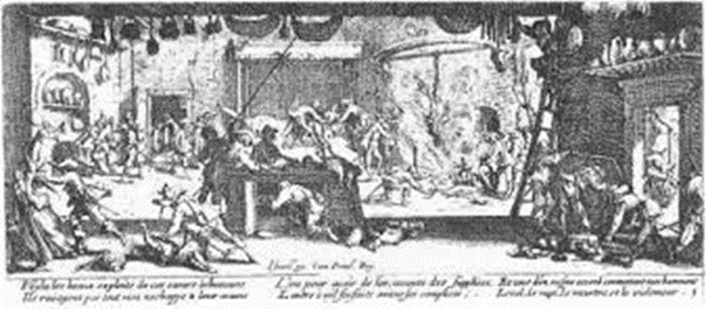 Bildessay: Les Miseres Et Les Mal-Heurs De La Guerre, (Blatt 18): Die Verteilung der Belohnung nach Jacques Callot (1632) "Plünderung auf einem Bauernhof": Die Schurken tun sich noch mit ihren Streichen groß, / verheeren alles rings und lassen nichts mehr los, / der eine foltert, bis sie ihm das Gold verraten, / der andere stachelt auf zu tausend Missetaten, / und insgemein ergehen sie sich an Alt und Jung / mit Diebstahl, Mord, Raub, Vergewaltigung.