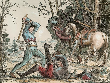 Hans Ulrich Franck: Ein Reiter, von zwei Soldaten mit Äxten attackiert, Radierung, 1643 Copyright bpk / Kupferstichkabinett, SMB