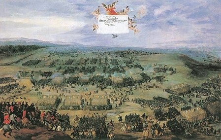 Zeitgenössische Farbdarstellung der Schlacht am weißen Berg
