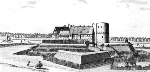 Das Schloss in Bleckede mit Turm und Befestigungsanlagen. Zeitgenössische Abbildung