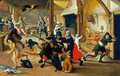 Marodierende Soldaten bedrohen eine Familie: Gemälde von Sebastian Vrancx, 1647, Deutsches Historisches Museum Berlin