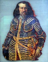 Johann Reichsfreiherr von Werth auf der Vorderansicht der doppelseitig bemalten Bahrfahne. Ölfarbe und Blattgold auf Seidendamast.