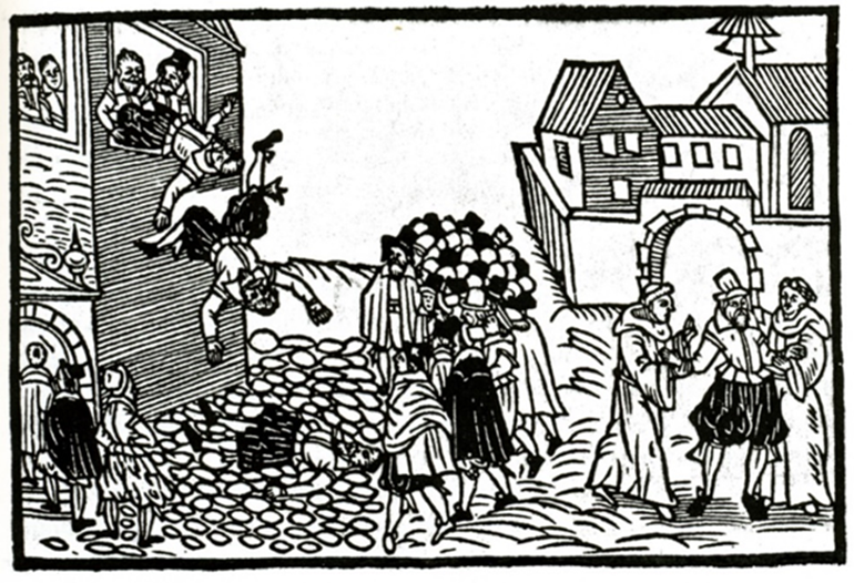 Der Prager Fenstersturz auf einem zeitgenössischen Flugblatt, 1618 Aus Peter Milger: Der Dreißigjährige Krieg. Gegen Land und Leute. Niedernhausen 2001, Autor/-in des Flugblatts ist unbekannt (gemeinfrei)