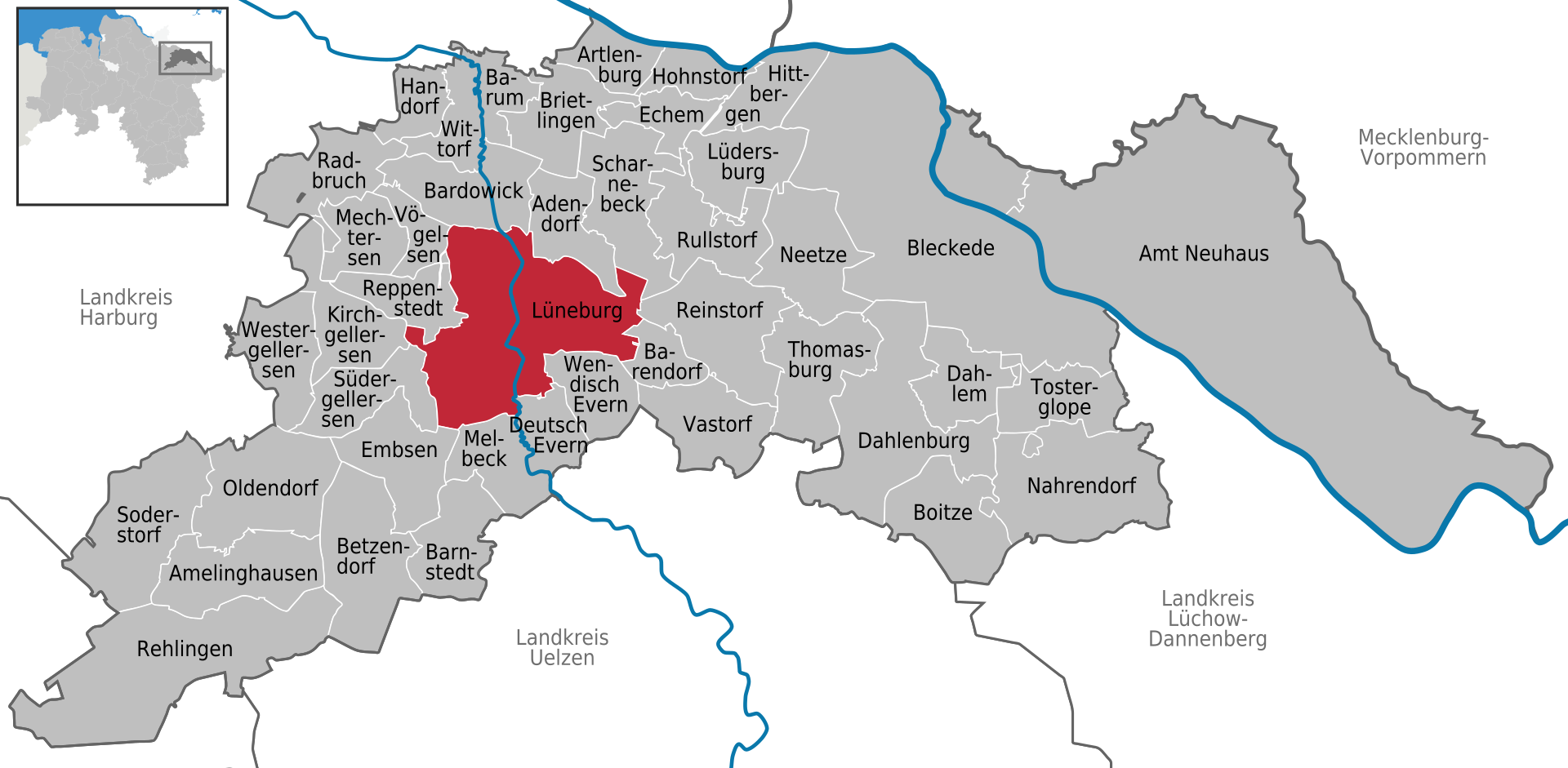Gebietskarte des Landkreis Lüneburg Von DaBroMfld based on work of TUBS, Gemeinfrei, https://commons.wikimedia.org/w/index.php?curid=7328251