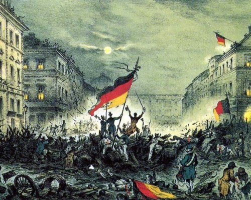 Bild, gemeinfrei - Ereignisblatt aus den revolutionären Märztagen 18.-19. März 1848 mit einer Barrikadenszene aus der Breiten Straße, Berlin 01. Erstellt: etwa 1848–1850