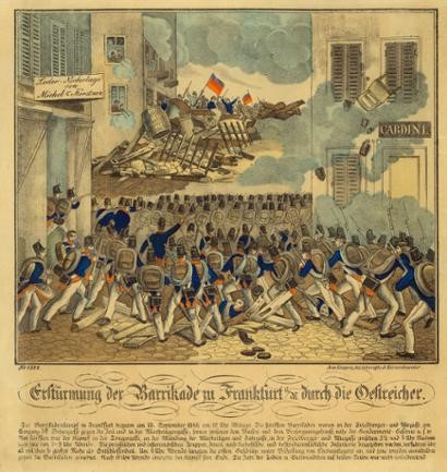 Erstürmung der Barrikade in der Toengesgasse in Frankfurt am 18.9.1848 Quelle: BArch, ZSg 5-504 Verlag Neuruppin Oehmigke & Riemenschneider