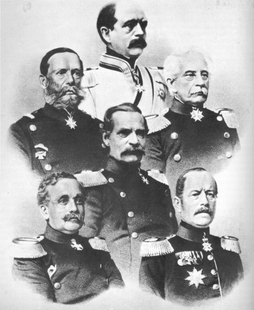 Gemeinfrei: Preußische Militärführer in der Schlacht von Königgrätz 1866: Von oben links nach unten rechts, Otto von Bismarck, General Vogel von Falkenstein, General von Steinmetz, Albrecht Graf von Roon, General von Fliess, General Herwarth von Bittenfeld