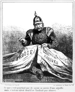Gemeinfrei Karikatur in der französischen Zeitung Le Charivari, September 1866: Preußen näht an seinem Staatsgebiet