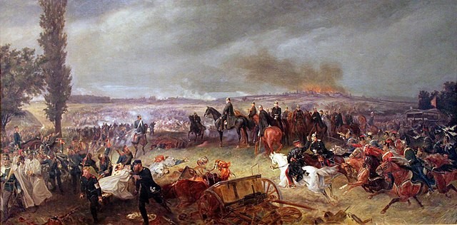 Gemeinfrei: Szene aus der kriegsentscheidenden Schlacht bei Königgrätz (Gemälde von Georg Bleibtreu)