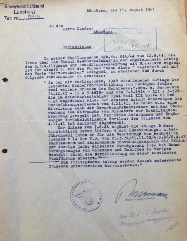 Schreiben, Erlass der staatlichen Gewerbeaufsichtsamt Lüneburg Mitwirkung zum Einsatz von Blausäure. Quelle Kreisarchiv