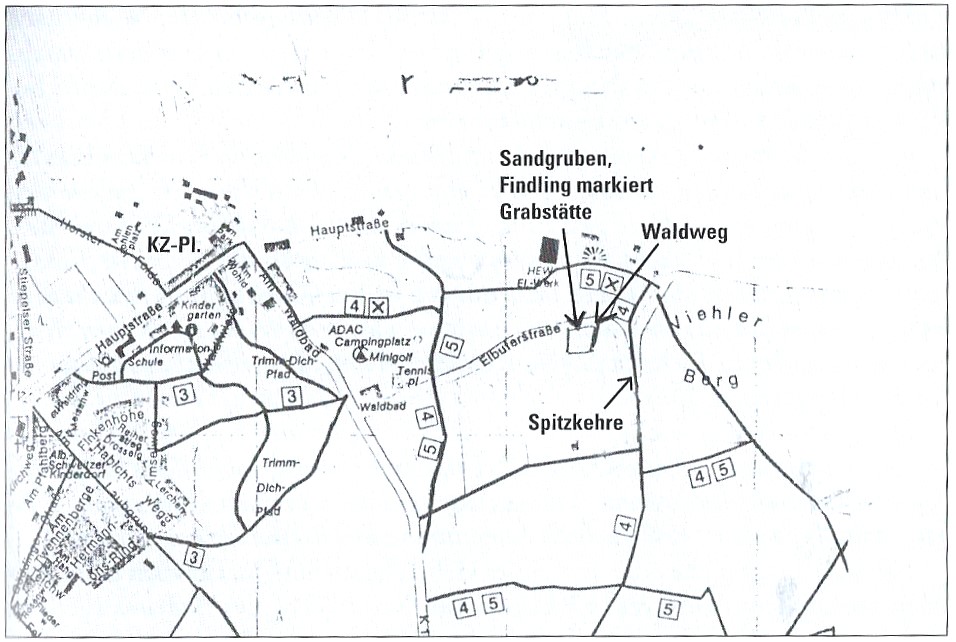 Lageplan des Findlings an der Sandgrube in der Nähe der Spitzkehre zwischen Alt Garge und Walmsburg. Quelle, John Hopp, „Die Hölle in der Idylle“, Seite 127