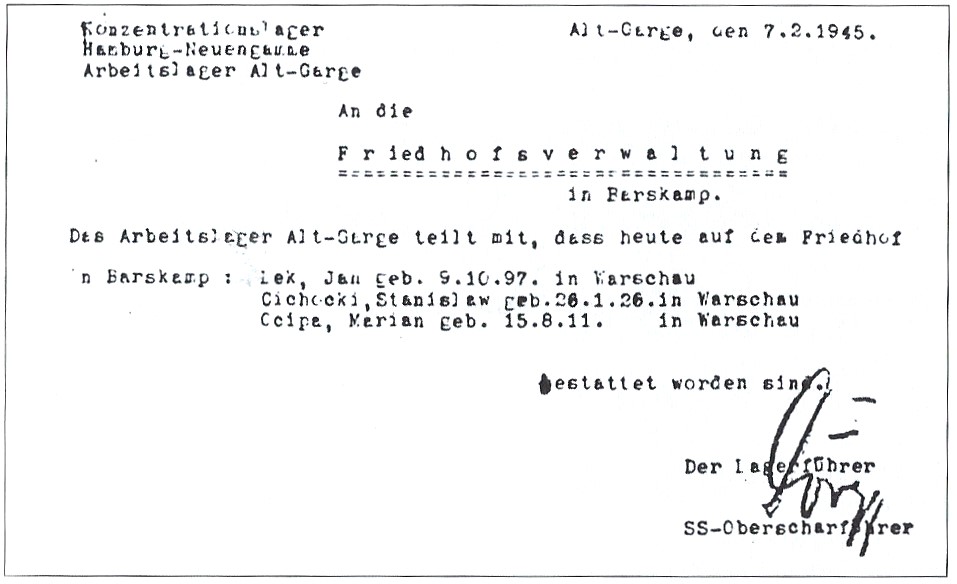 Schreiben an die Friedhofsverwaltung in Barskamp.