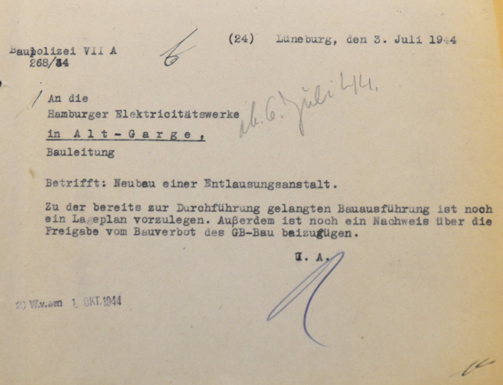 Schreiben an die HEW, es ist noch ein Lageplan der Entlausingsantalt vorzulegen. Quelle, Kreisarchiv