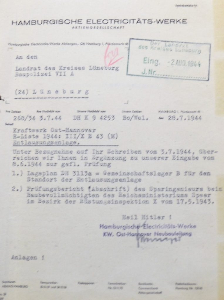 Schreiben der HEW zur Entlausungsstation und Lageplan. Quelle, Kreisarchiv