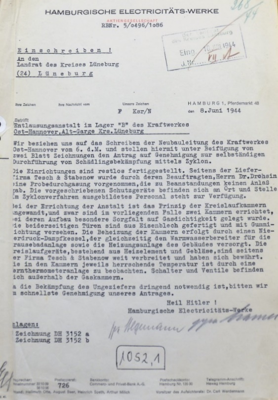 Schreiben der HEW, an den Landrat des Kreises Lüneburg vom 6.Juni 1944, zur Fertigstellung der Entlausungsstation. Quelle, Kreisarchiv