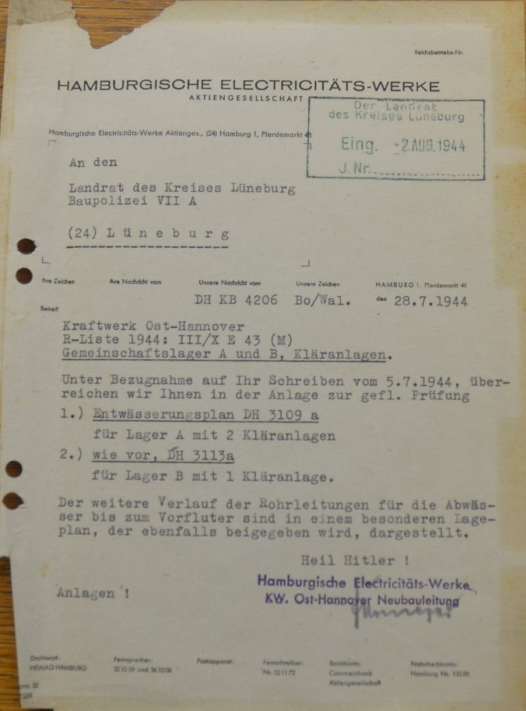 Schreiben der HEW, zu Kläranlagen in Lager A und B. Quelle Kreisarchiv