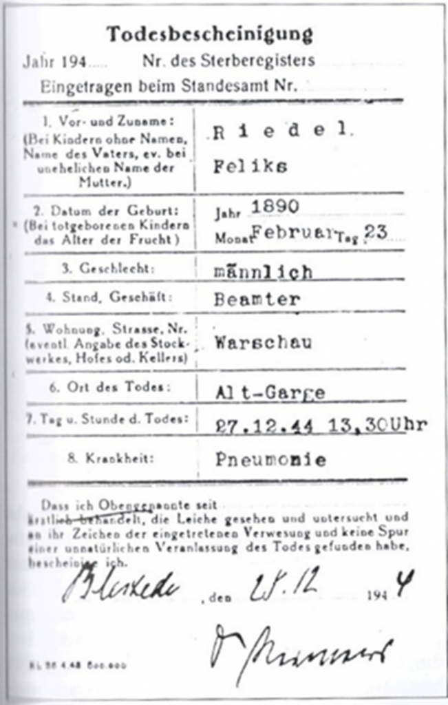 Todesbescheinigung von Dr. Reimers unterschrieben, Quelle, Kirchenbüro Barskamp, aus John Hopp „Die Hölle in der Idylle“.