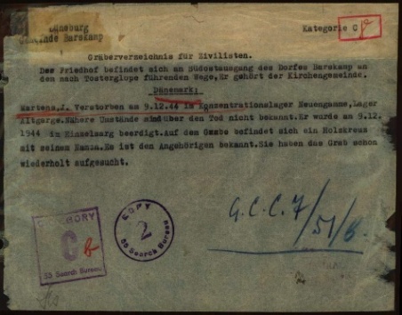 Jörgens Martens wird in diesem Schreiben als zivile Arbeitskraft geführt. Dies ist jedoch falsch, er starb im KZ- Aussenlager Alt Garge. Quelle, Kreisarchiv.