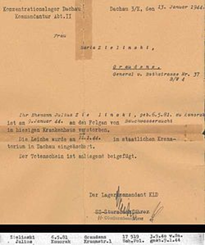 Todesbenachrichtigung, Dachau, 1944