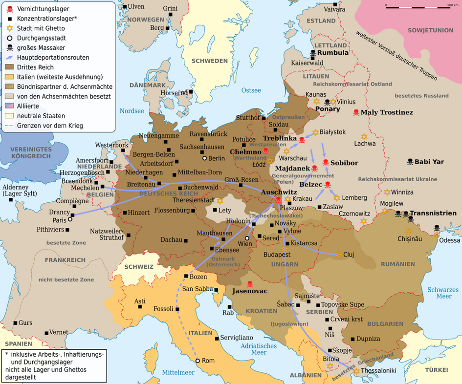 Karte der Vernichtungslager, der meisten großen Konzentrationslager (Arbeits-, Haft- und Durchgangslager), der wichtigsten Deportationsrouten, Ghettos und Orte großer Massaker. Grenzen um 1942. Staaten vor und nach dem Konflikt (Name in Klammern). (© picture alliance/dpa/dpa Grafik | dpa-infografik GmbH)